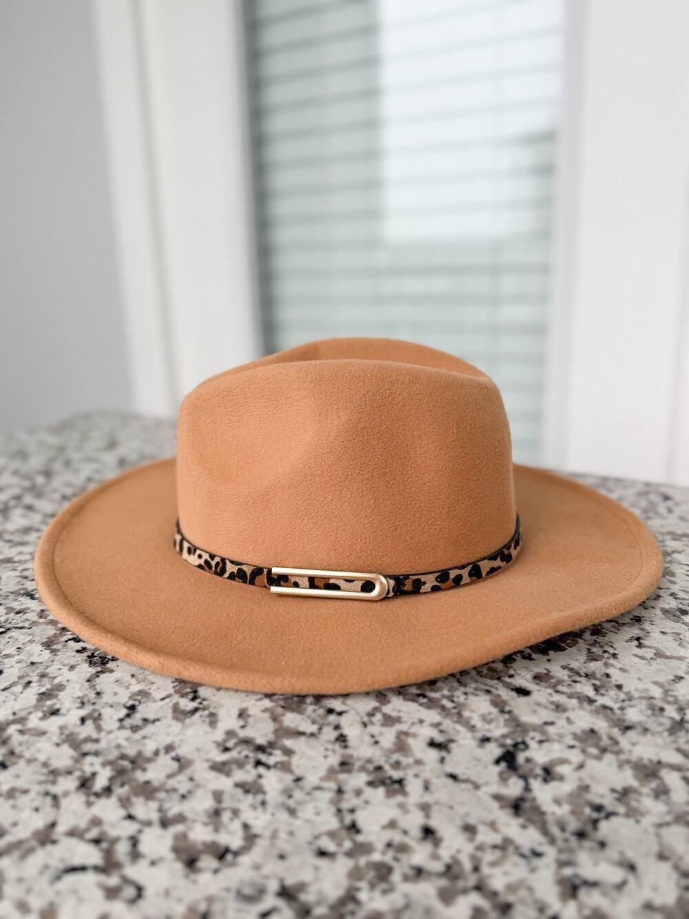 Mud Pie Camel Wide Brim Fedora Hat Leopard Band One Size Western Ranch Boho